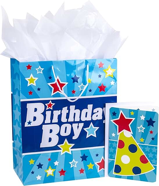 Large 13-inch Blue Birthday Gift Bag with Card and Tissue
