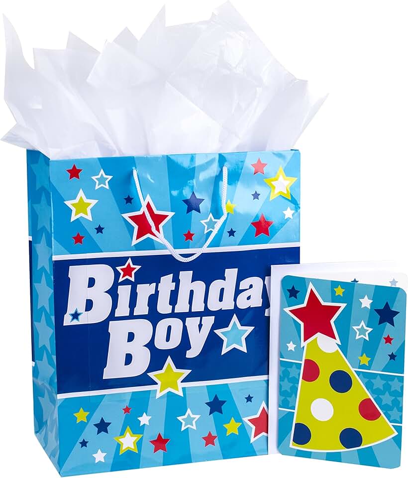 Large 13-inch Blue Birthday Gift Bag with Card and Tissue