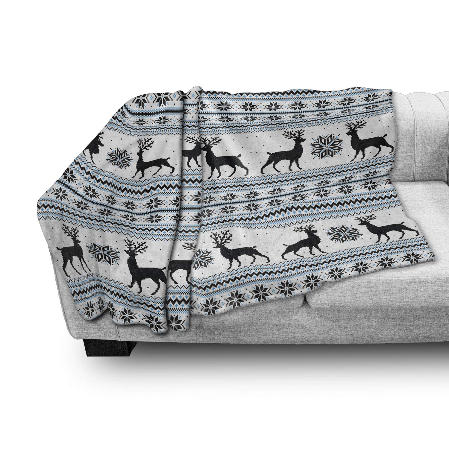 Nordic Throw Blanket, Chevron Zigzags Winter Floral Arrangement Norwegian Reindeer Snow Pattern, Flannel Fleece Accent Piece Soft Couch Cover for Adults, 60" x 80", Black White Sky Blue