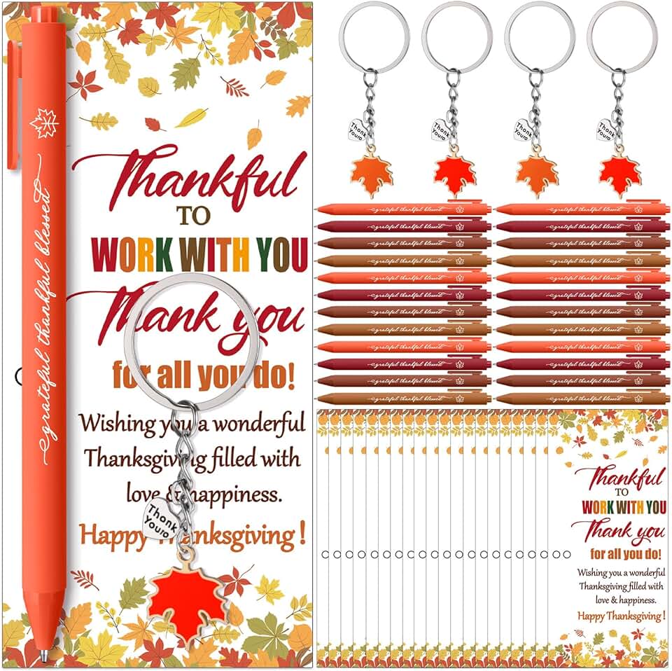 Set of 24 Fall Thanksgiving Appreciation Pens with Maple Leaf Keychains