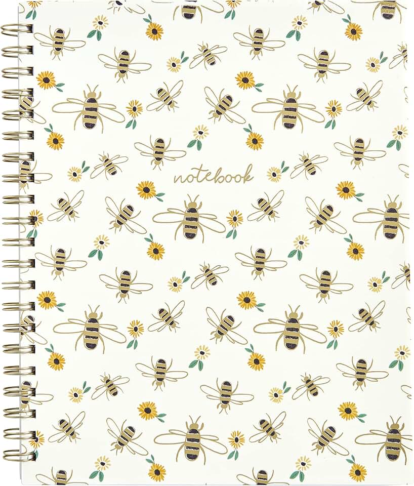 Honey Bee Spiral Notebook with Floral Print, 120 Sheets