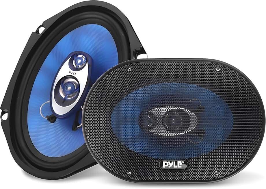 Pair of 6x8 inch 3-way car speakers with blue cone