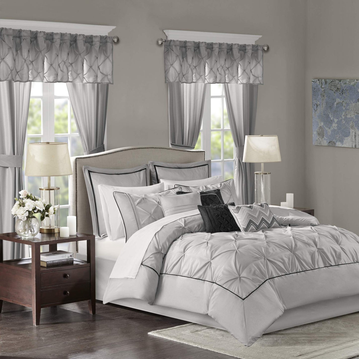 Essentials Room in a Bag Faux Silk Comforter Set  Luxe Diamond Tufting All Season Bedding, Matching Curtains, Decorative Pillows, Grey King(104"x92") 24 Piece