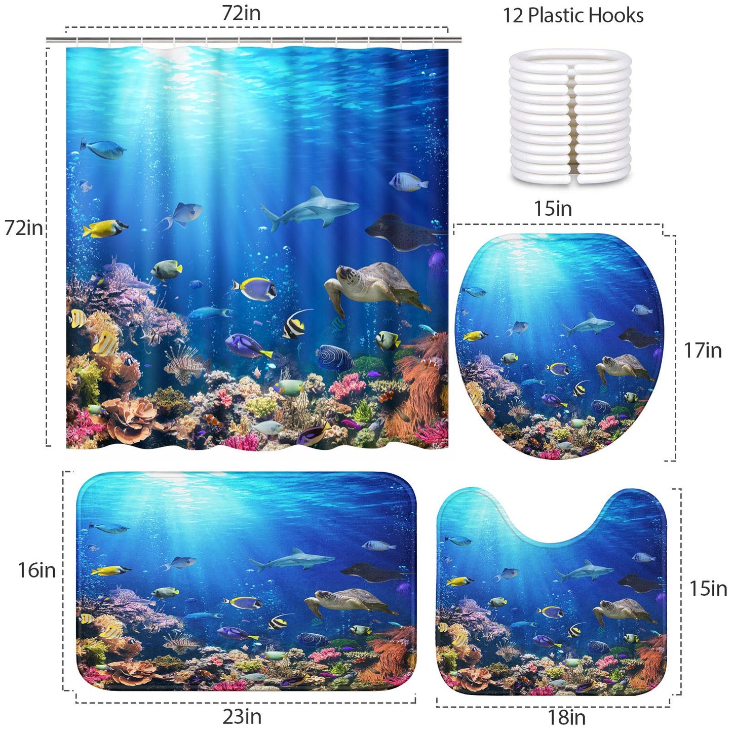 4 Piece Shower Curtain Sets, with 12 Hooks, Nature Ocean Sea Turtle and Fish with Non- Rugs, Tet Lid Cover and Bath Mat, Durable and Waterproof, for Bathroom Decor Set, 72" x 72"