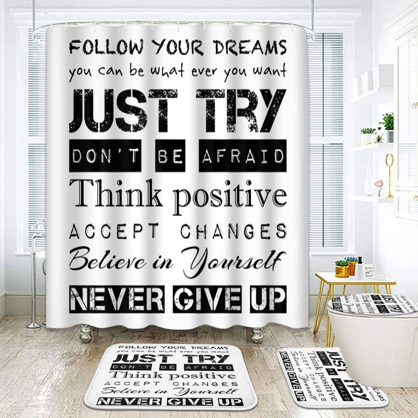 4 Pcs Shower Curtain Set Just Try Never Give Up Inspirational Lifestyle Motivate with Non- Rugs Tet Lid Cover and Bath Mat Bathroom Decor Set 72" X 72"