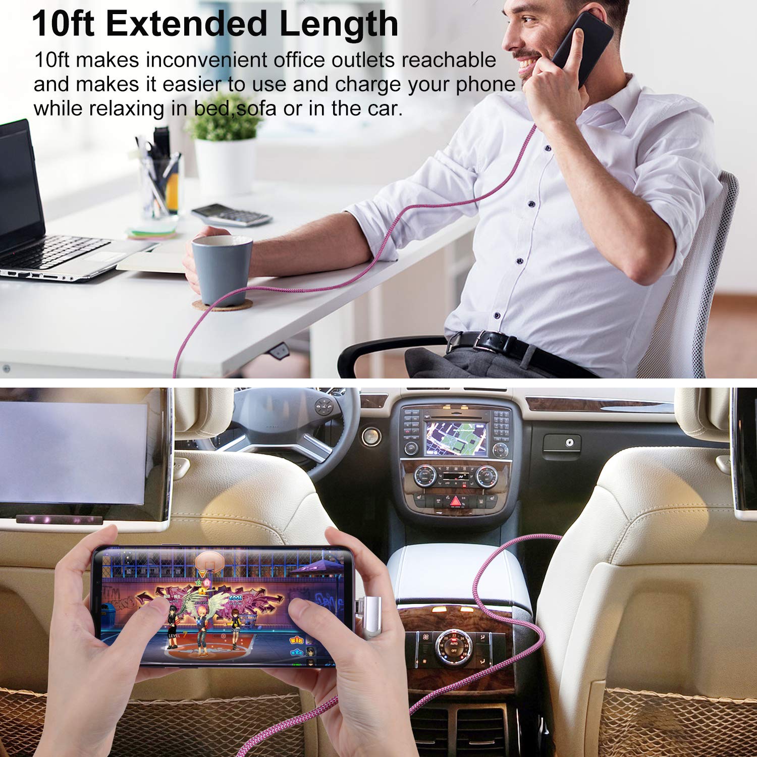 USB Type C Cable Fast Charging [3Pack,10ft], USB C Cable Right Angle 90 Degree USB A to Type C Fast Charger Compatible for Samsung S22+Ultra S21 S20 S10 S9 Plus Note 20 10-Purple,Green,Rose