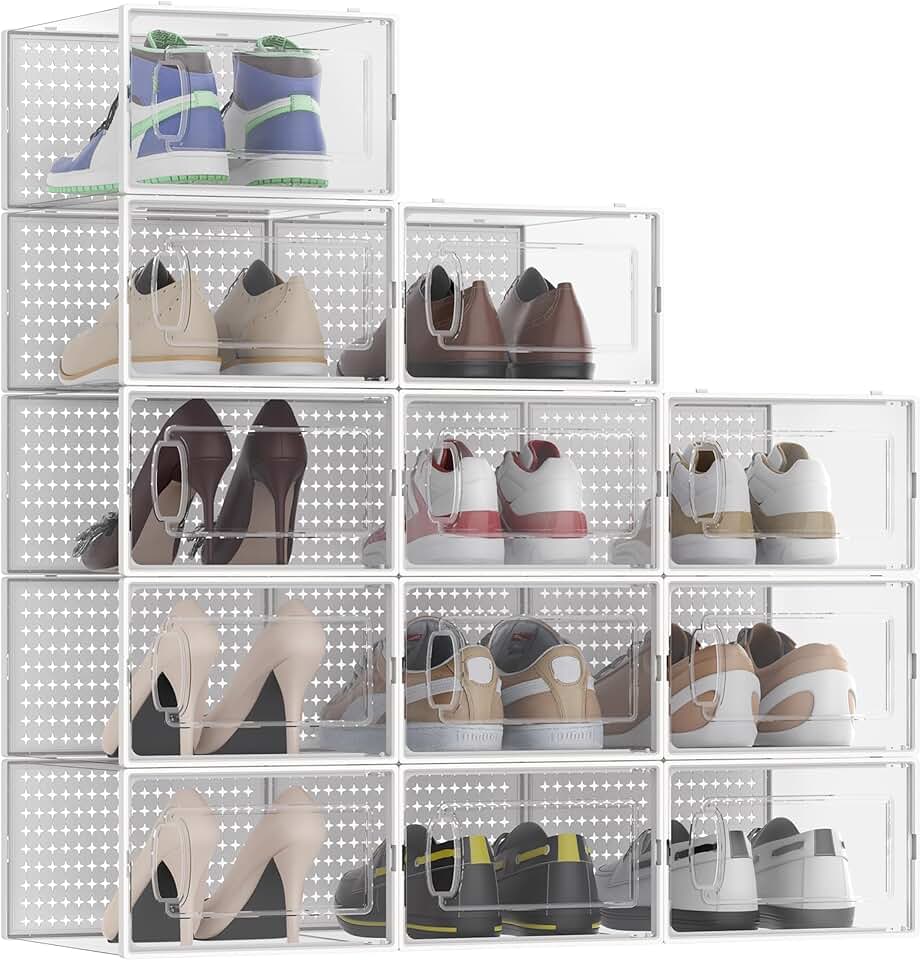 12 Large Clear Plastic Stackable Shoe Storage Bins
