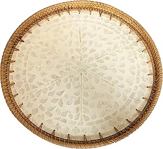 Large White Rattan and Mother of Pearl Lazy Susan