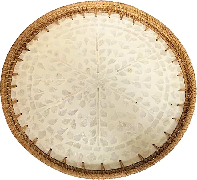 Large White Rattan and Mother of Pearl Lazy Susan
