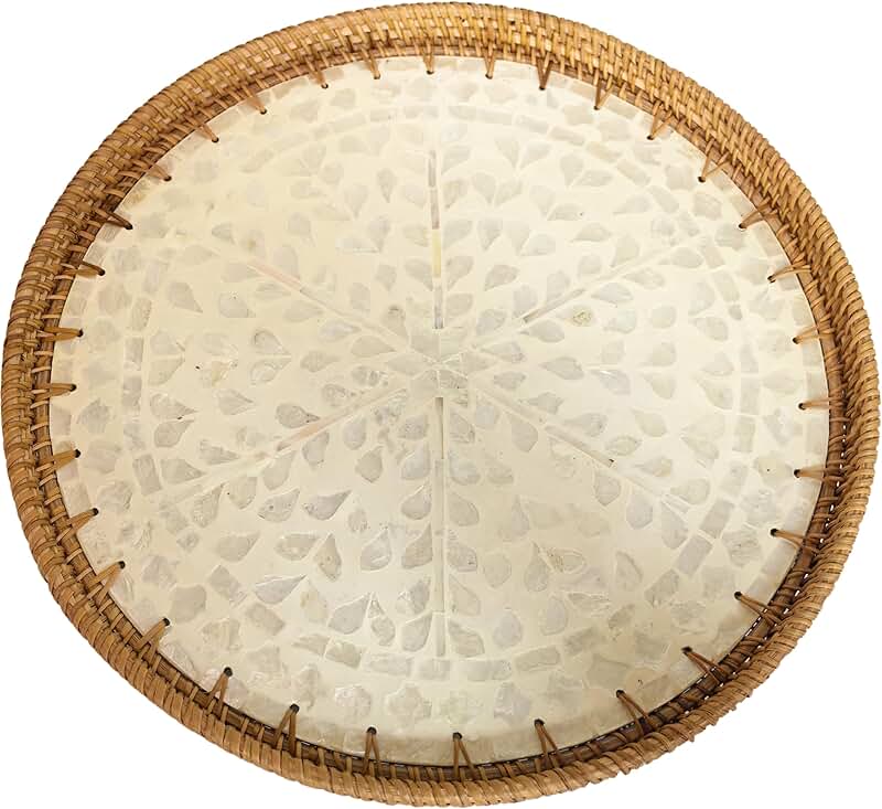 Large White Rattan and Mother of Pearl Lazy Susan