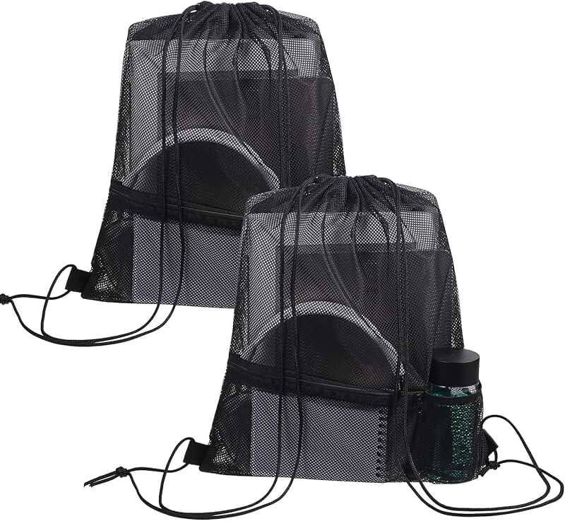 Two Mesh Drawstring Backpack Bags for Sports and Beach