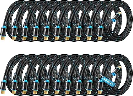 8-Foot 4K HDMI Cables, 20 Pack, Nylon Braided