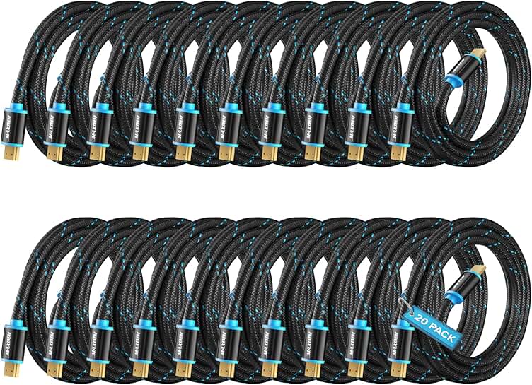 8-Foot 4K HDMI Cables, 20 Pack, Nylon Braided