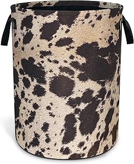 Brown Cow Print Laundry Basket with Handle, Foldable, 18.9x16.5 Inches