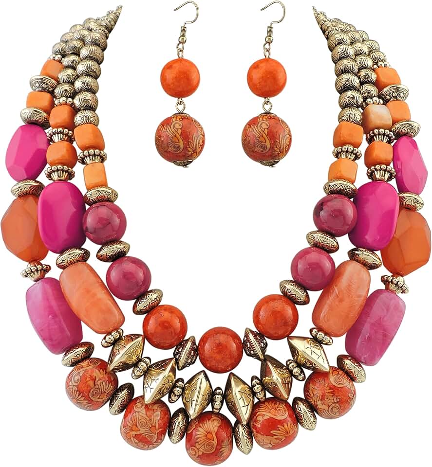 Three-Layer Beaded Necklace and Earrings Set for Women