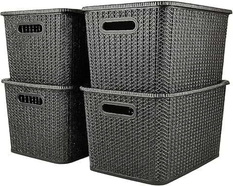 Large Rattan Style Storage Box Set with Lids and Handles