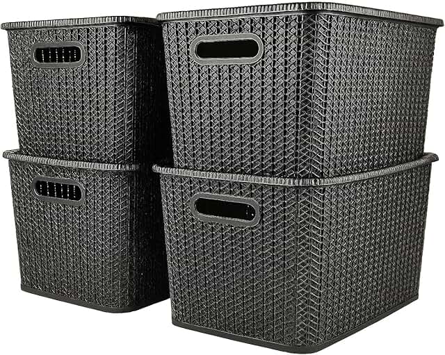 Large Rattan Style Storage Box Set with Lids and Handles
