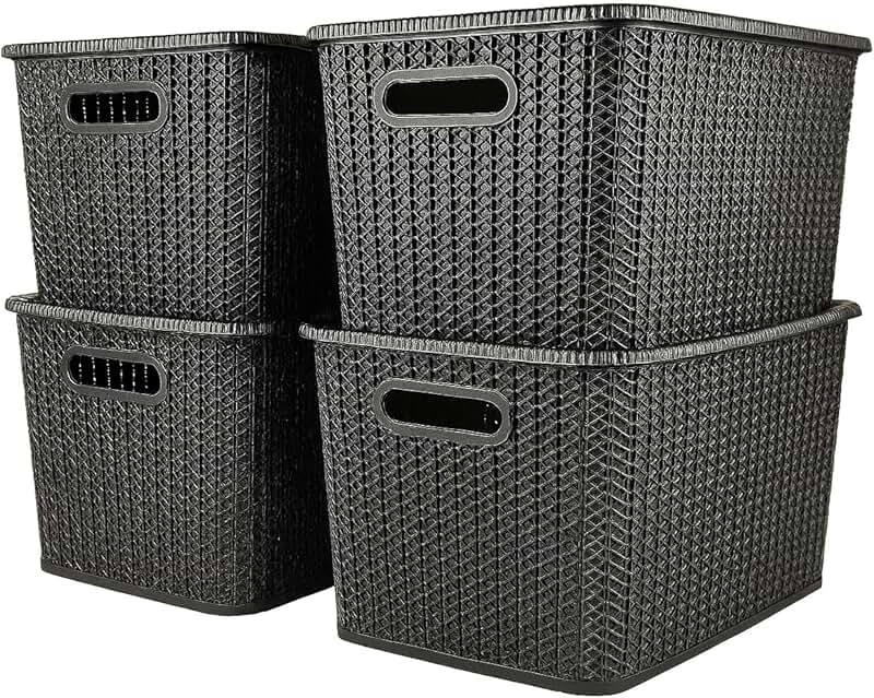 Large Rattan Style Storage Box Set with Lids and Handles
