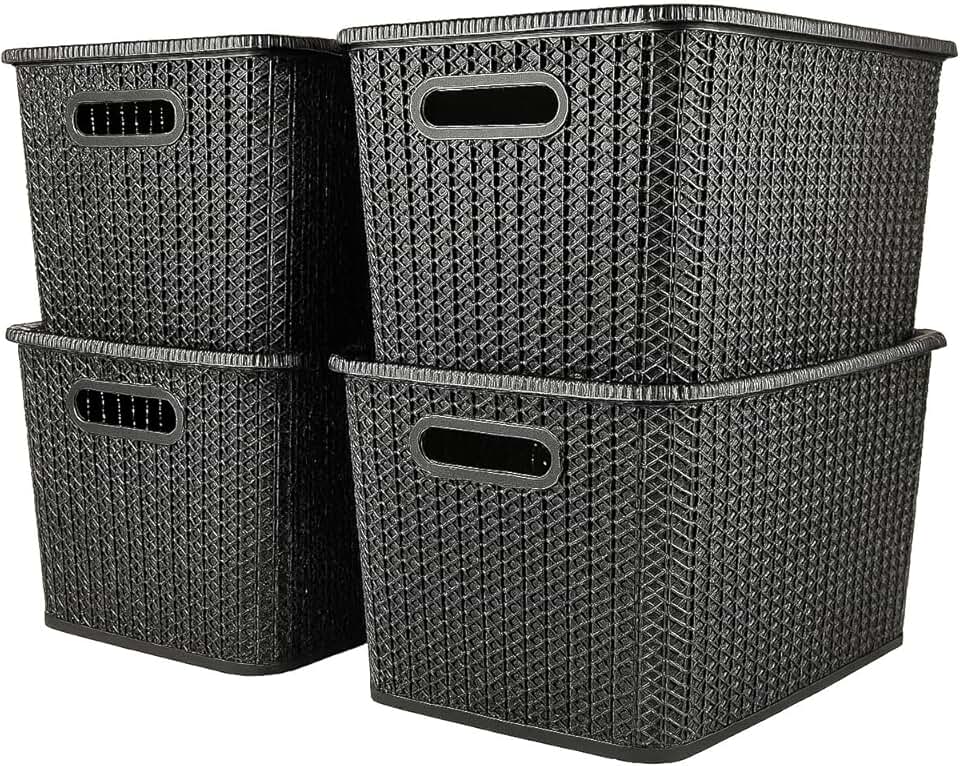 Large Rattan Style Storage Box Set with Lids and Handles