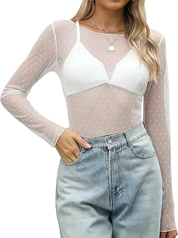 Women's Lace Long Sleeve Boat Neck Sheer Blouse