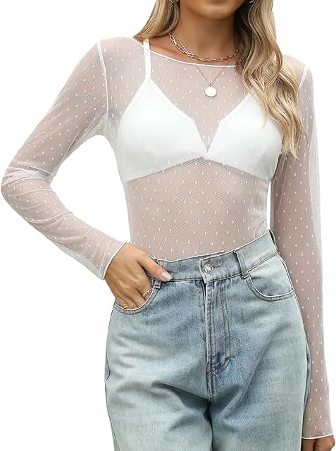 Women's Lace Long Sleeve Boat Neck Sheer Blouse