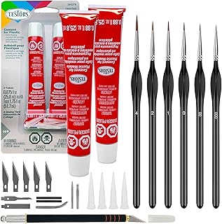 Plastic model glue, mini paint brushes, and craft knife set