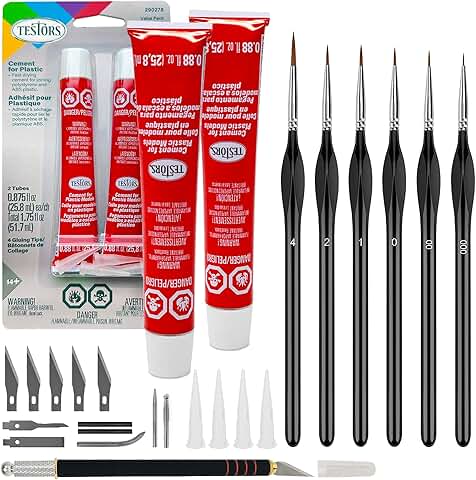 Plastic model glue, mini paint brushes, and craft knife set