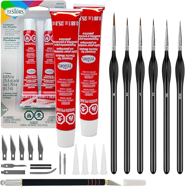 Plastic model glue, mini paint brushes, and craft knife set