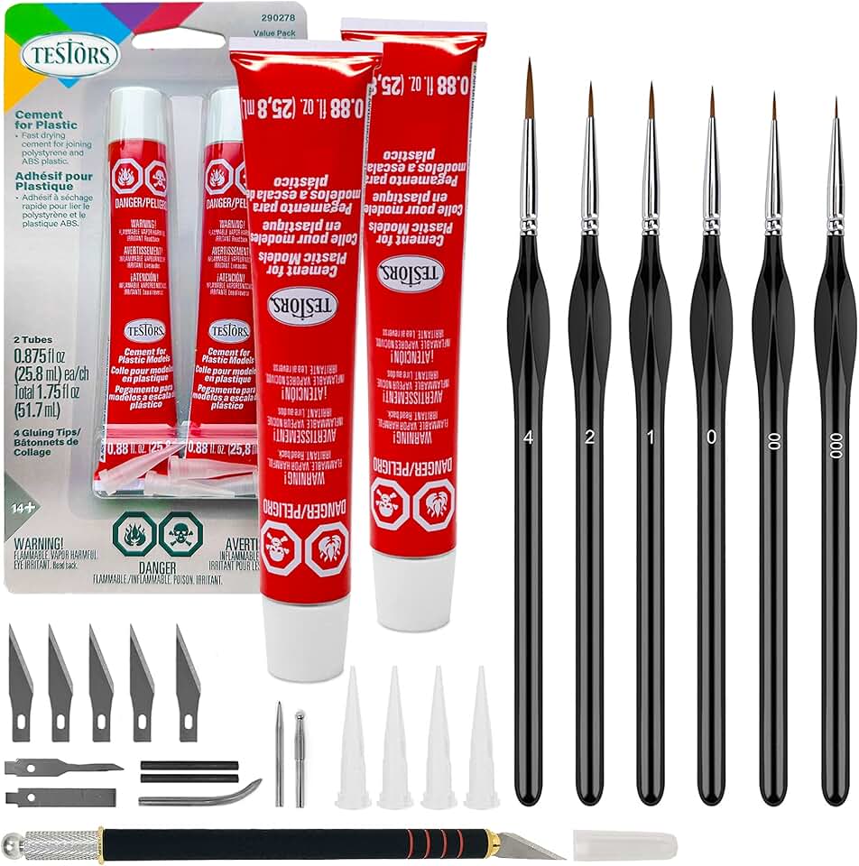 Plastic model glue, mini paint brushes, and craft knife set