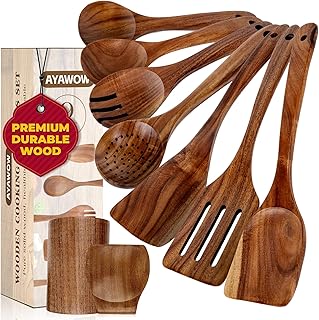 9-Piece Teak Wooden Cooking Utensil Set with Holder