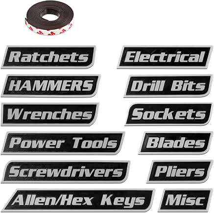 Set of 12 reusable magnetic toolbox labels in black