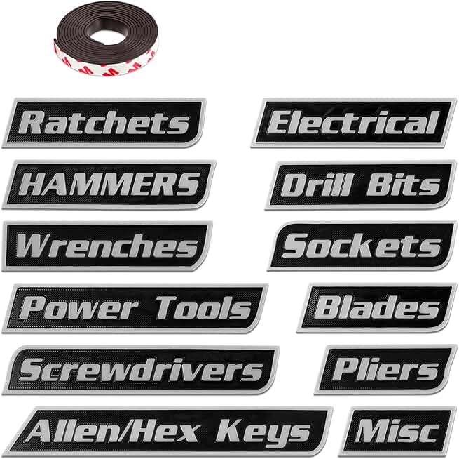 Set of 12 reusable magnetic toolbox labels in black