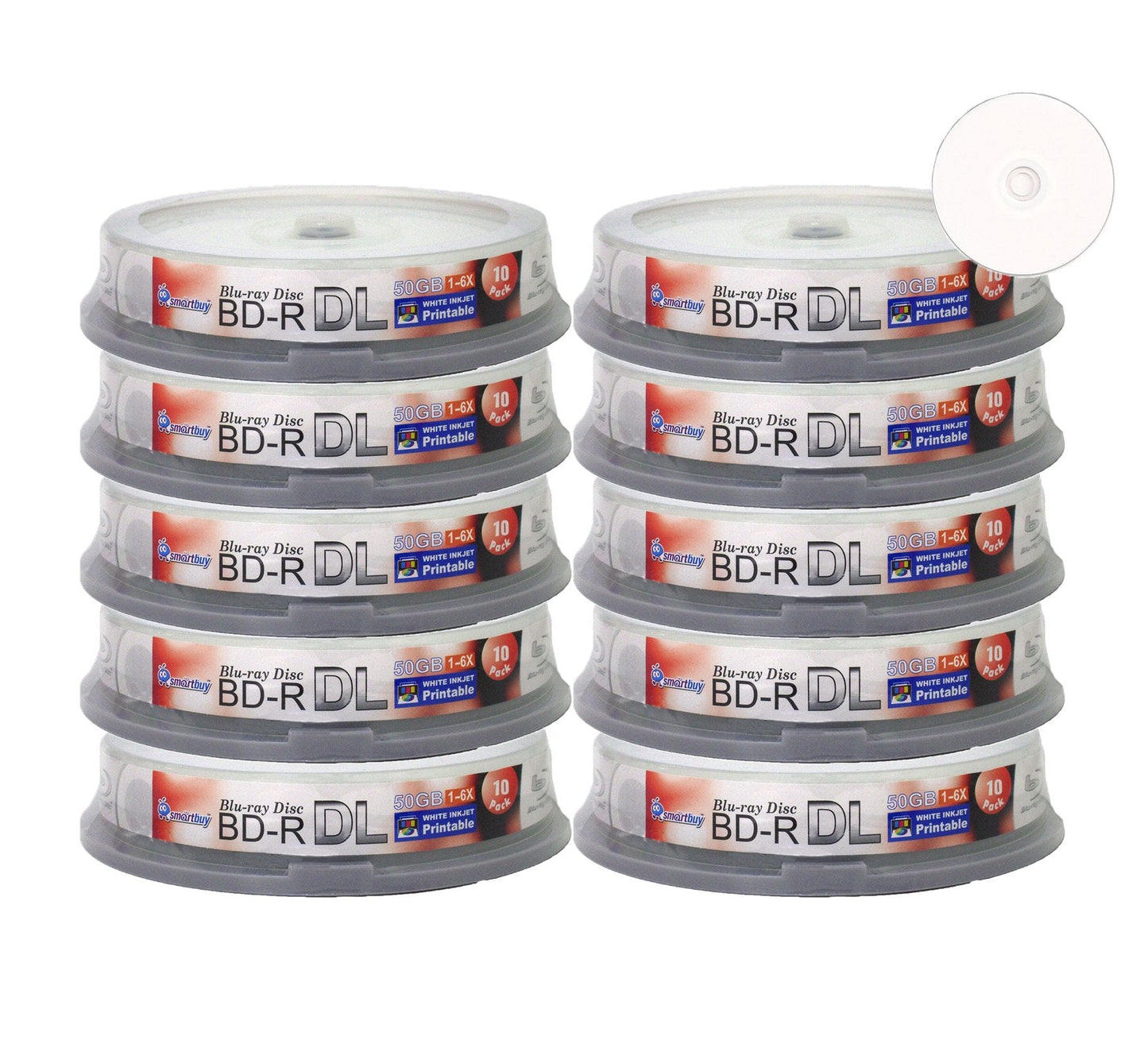 100-disc 50gb 6X Blu-ray Bd-r Dl Dual Layer Double Layer White Inkjet Hub Printable Blank Data Video Recordable Media Disc with Cakebox/Spindle Packing
