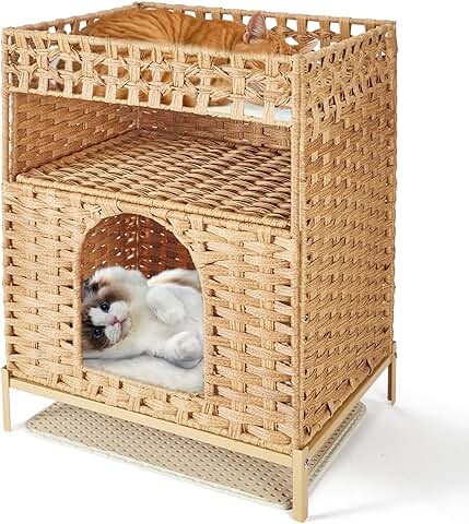 Handwoven Rattan Cat Litter Box Enclosure with Mat