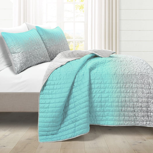 Glitter Ombre Metallic Print 3 Piece Comforter Set, Twin, Aqua & Gray