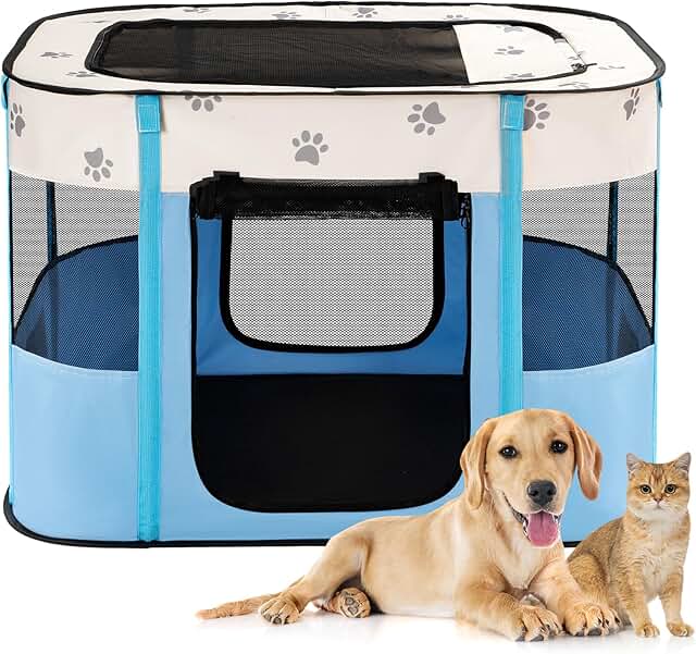 Foldable Portable Dog and Cat Playpen with Mesh Door