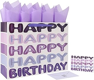 Large purple birthday gift bag with handles and accessories
