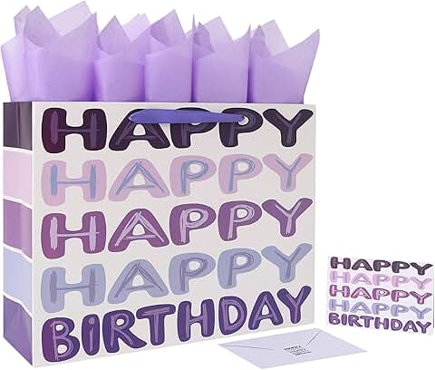 Large purple birthday gift bag with handles and accessories