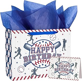 13-Inch Navy Blue Baseball Gift Bags with Tissue and Card