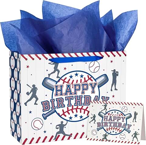 13-Inch Navy Blue Baseball Gift Bags with Tissue and Card