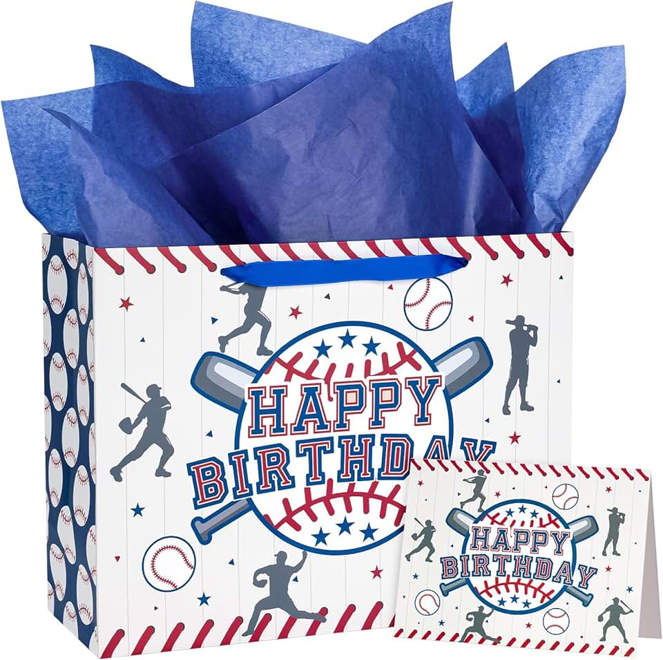 13-Inch Navy Blue Baseball Gift Bags with Tissue and Card