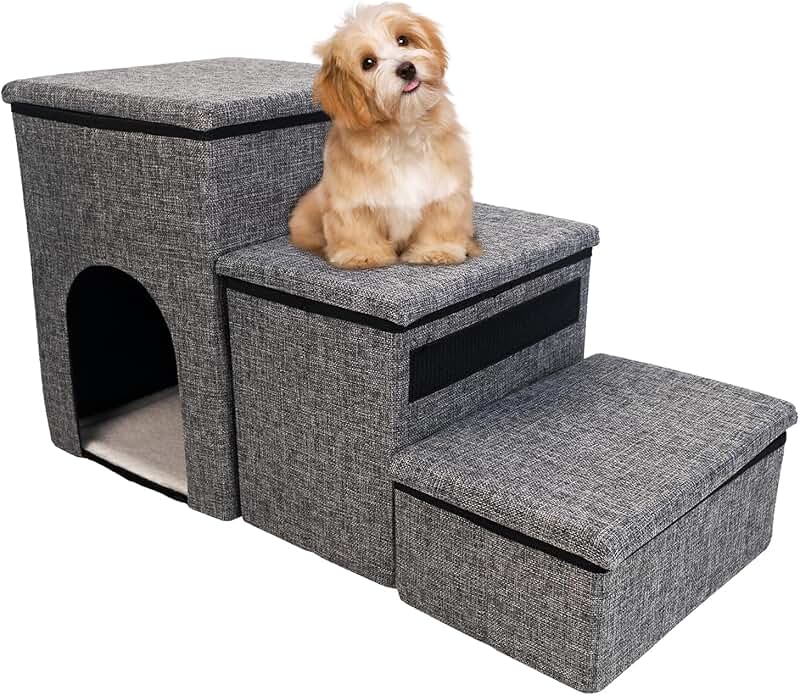 Foldable Pet Stairs with Storage and Adjustable Height