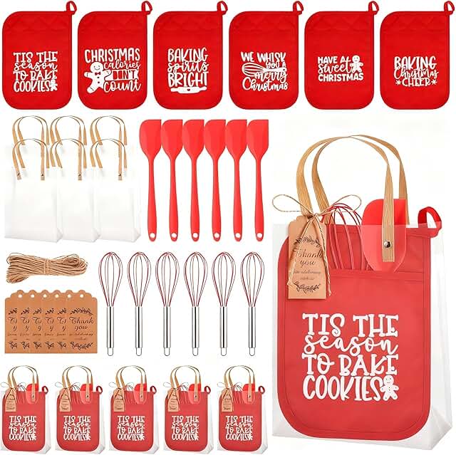 Christmas baking gift set with oven mitts, pot holders, and utensils