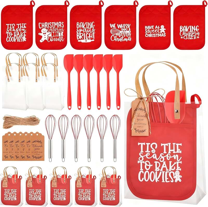 Christmas baking gift set with oven mitts, pot holders, and utensils