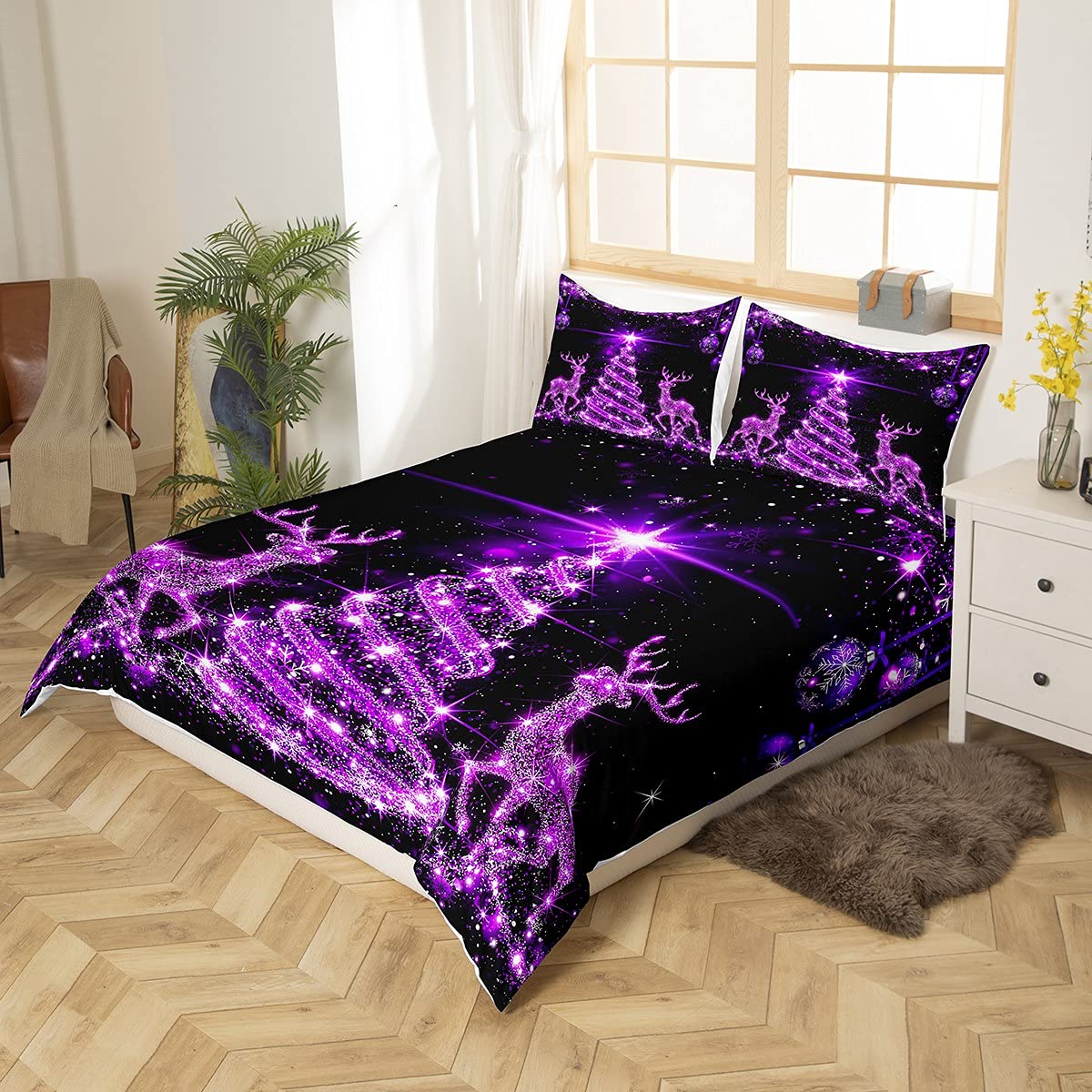 Tree Duvet Cover Set Queen Size Purple Twinkling Deer Comforter Cover Western New Year Bedding Set 3pcs for Kids Boys Girls Room Decor Theme Quilt Cover with 2 Pillowcases