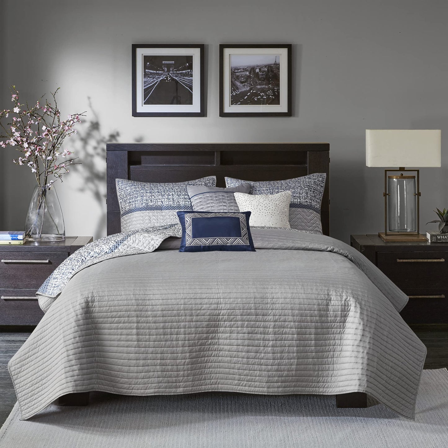 Quilt Set Luxurious Jacquard Stripes Design  All Season, Coverlet Bedspread Lightweight Bedding Layer, Shams, Decorative Pillow, King/Cal King(104"x94"), Chevron Navy 6 Piece