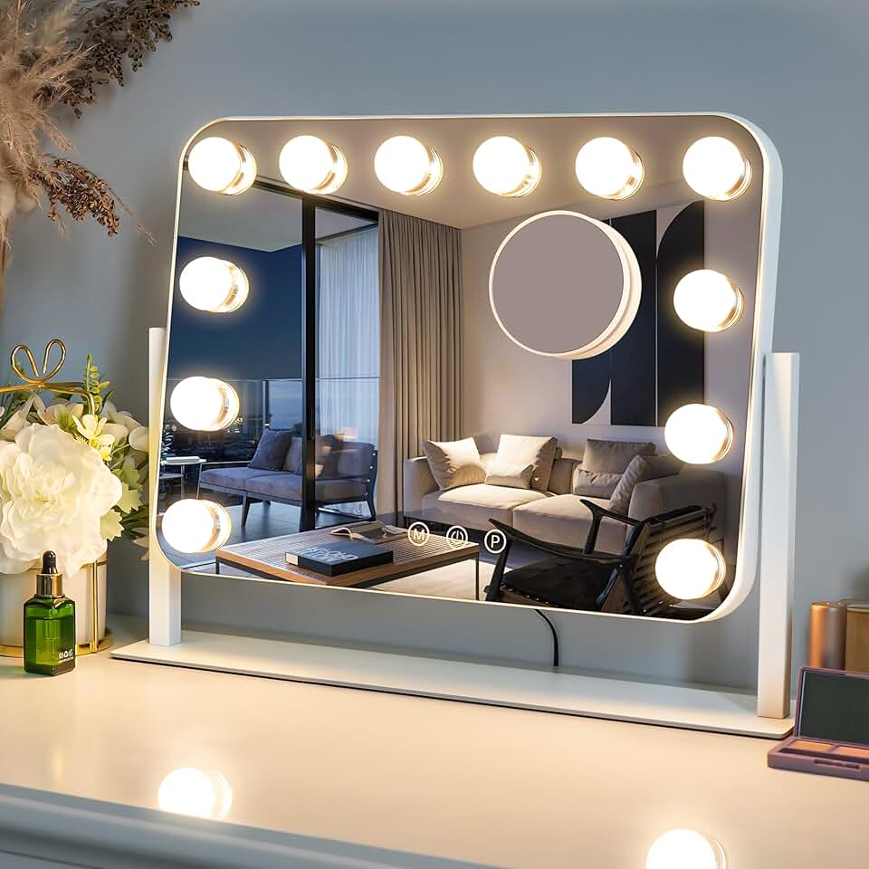 Lighted Vanity Mirror with Dimmable Colors and Magnifier