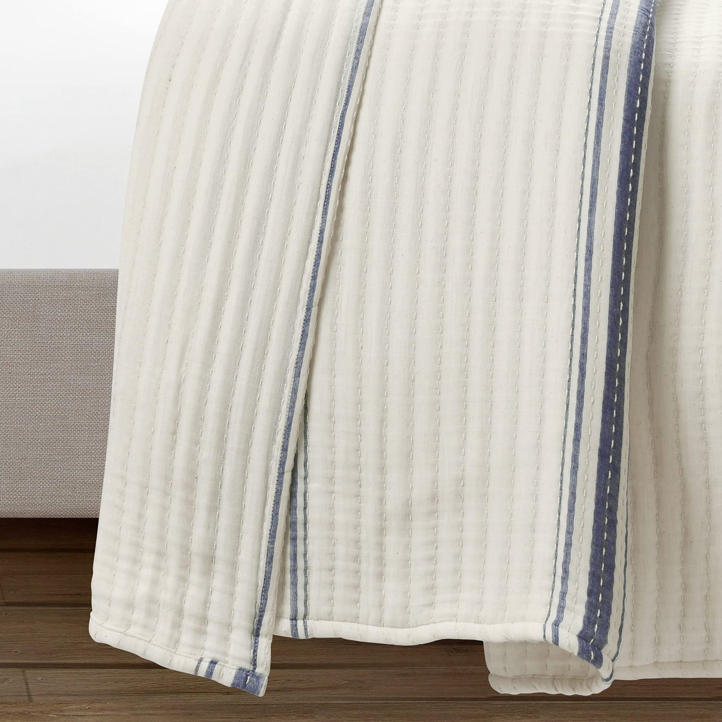 Farmhouse Stripe Kantha Pick Stitch Yarn Dyed Cotton Woven Quilt/Coverlet, Full/Queen, Navy
