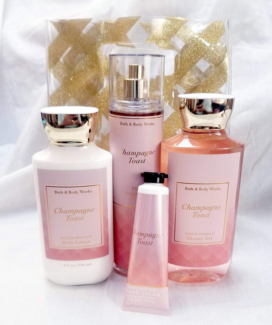Champagne Toast Care  Full Size 4 Piece Gift set  Random Gift Bag Includes Fragrance Mist, Shower Gel, Lotion, and Hand Cream)