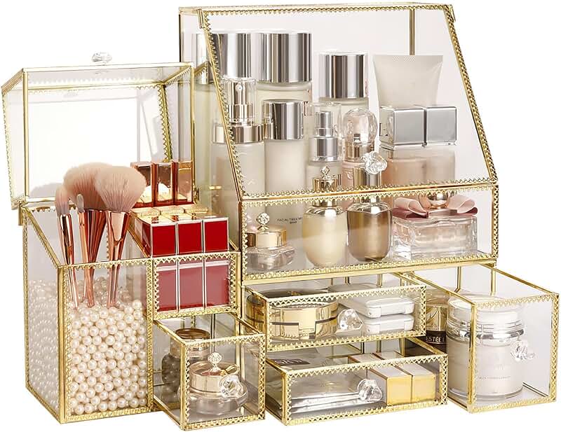 Large Glass Makeup Organizer Drawer Set for Bathroom Counter
